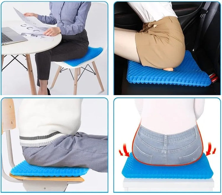 Coussin fraîcheur en gel ultra-confort, anti-pression pour soulager douleurs sciatiques, fessiers et lombaires, avec design respirant en nid d'abeille pour un confort prolongé et une meilleure posture. Housse incluse. La livraison est offerte!