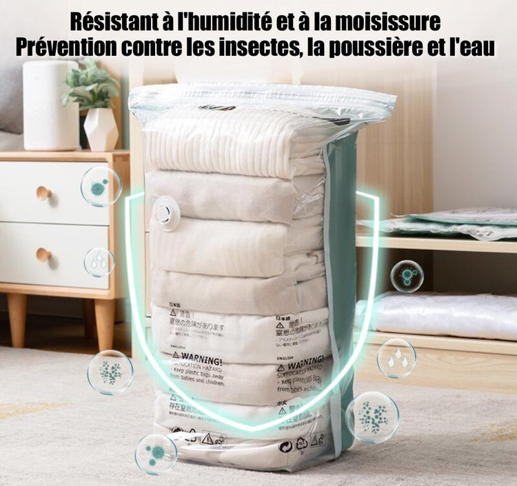 Grand sac cubique sous vide et hermétique. Nouvelle technologie brevetée, pas besoin de pompe. Permet de récupérer 80% d'espace, protège vos vêtements et couettes contre l'humidité, la saleté, la moisissure, les odeurs, etc. Première qualité.