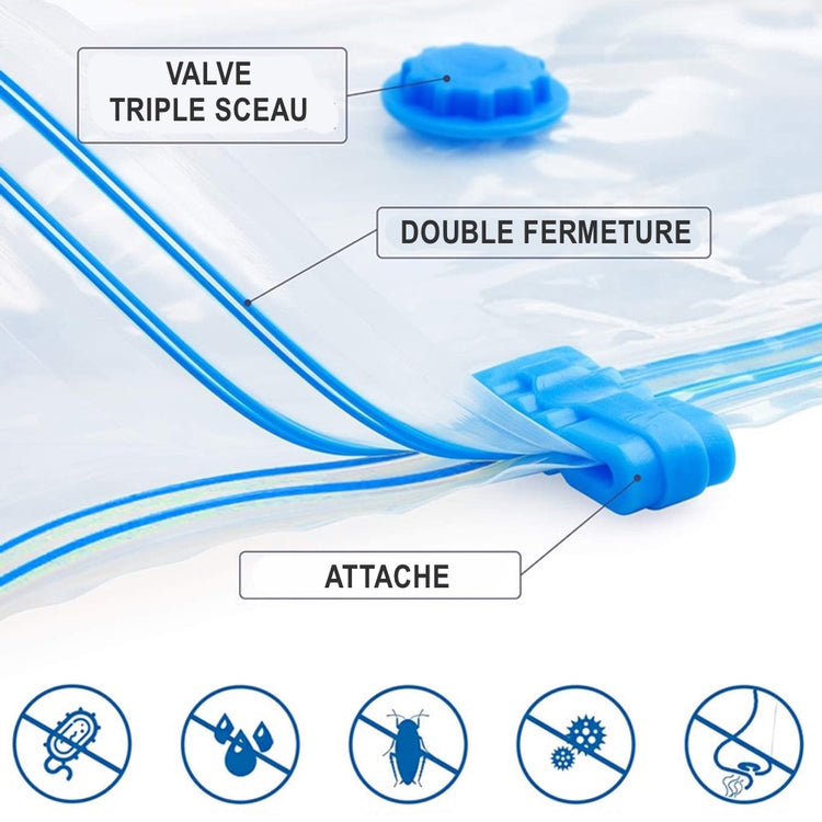 5 sacs plats de rangement sous vide, première qualité, épaissis et résistants, permet de récupérer 80% d'espace, compatibles avec aspirateur, pompe incluse, protège contre l'humidité, la moisissure, les odeurs, etc. Livraison prioritaire offerte !