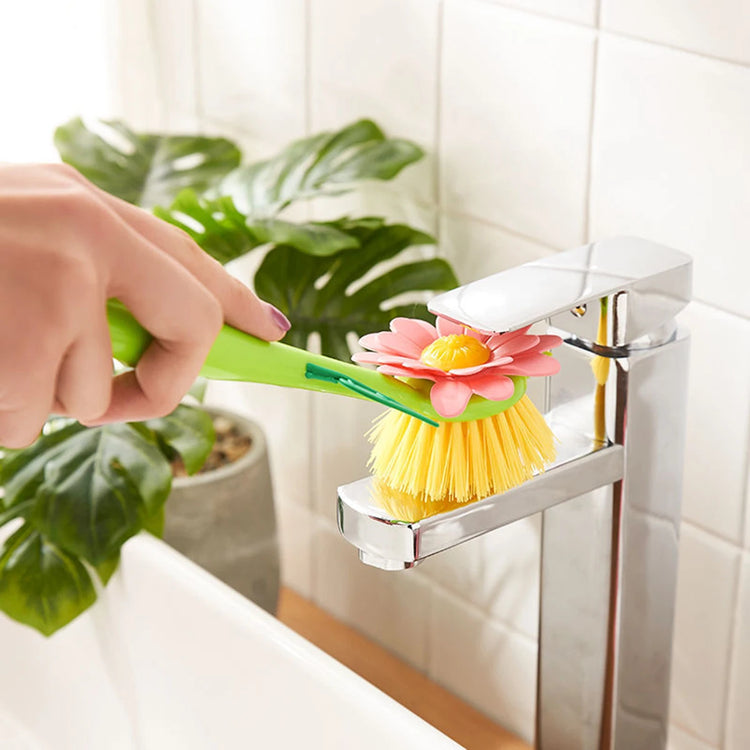 Magnifique brosse à vaisselle en forme de fleur avec long manche – Brosse de nettoyage créative et décorative pour vaisselle, casseroles et bols – Design printanier coloré avec support en forme de vase. La livraison prioritaire est offerte!