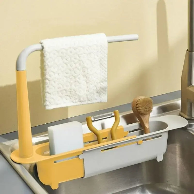 Ingénieux support télescopique pour évier, organisateur 2-en-1, barre à torchon intégrée, design ventilé, installation sans perçage, gain de place et séchage rapide. La livraison prioritaire est offerte !