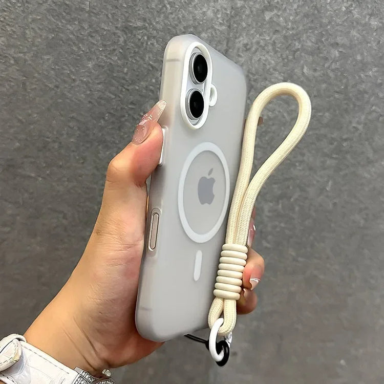 Coque colorée pour iPhone avec dragonne intégrée – Étui antichoc en silicone souple, anti-rayures, anti-traces, compatible charge sans fil et MagSafe, protection 360° avec prise en main sécurisée. Livraison prioritaire offerte !