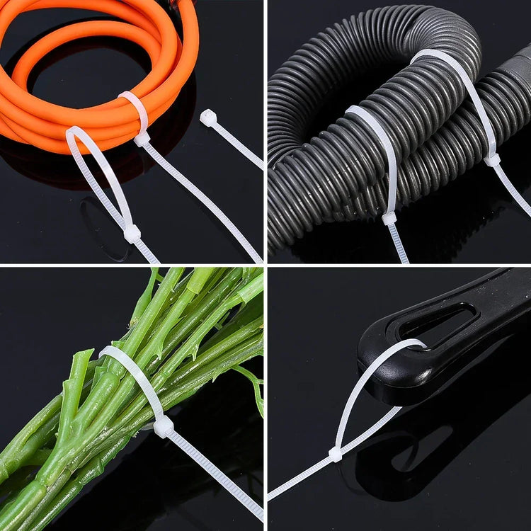 Lot de 100 attaches autobloquantes en nylon, haute résistance jusqu’à 27,2 kg, usage intérieur et extérieur, résistantes aux températures extrêmes, idéales pour organiser câbles, fils, tuyaux, jardin, bricolage, voiture et bureau. Livraison offerte !