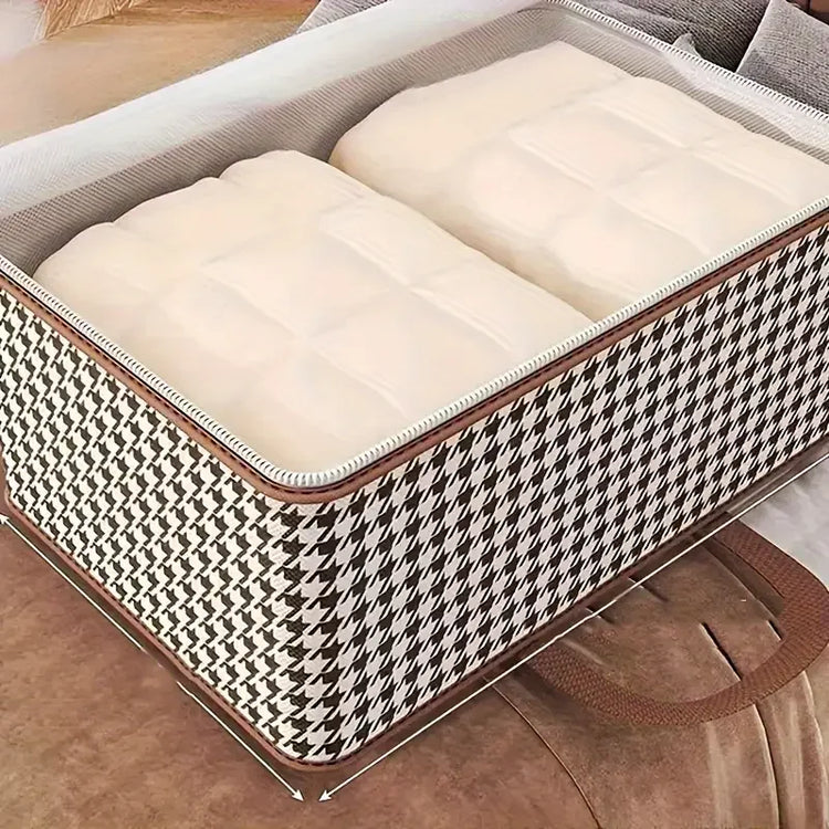 Magnifique sac de rangement grande capacité pour couette, vêtements, oreillers et couvertures, imperméable et anti-poussière, pliable avec poignées renforcées, motif pied-de-poule élégant, disponible en 36L, 60L, 90L, 120L et 150L. Livraison offerte !