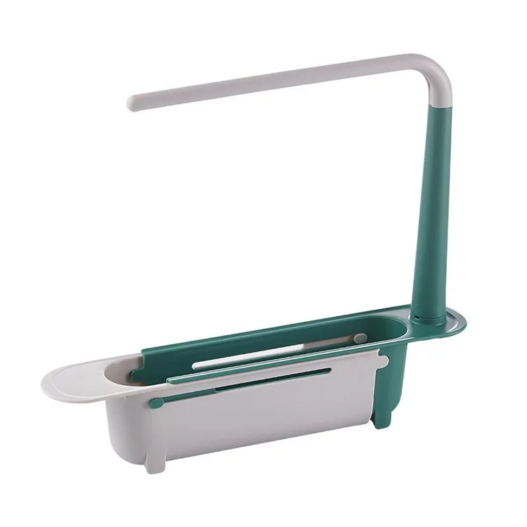 Ingénieux support télescopique pour évier, organisateur 2-en-1, barre à torchon intégrée, design ventilé, installation sans perçage, gain de place et séchage rapide. La livraison prioritaire est offerte !