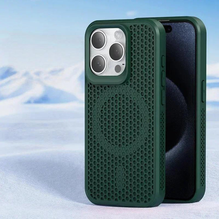 Ingénieuse coque magnétique alvéolée ultra-rafraîchissante pour iPhone avec dissipation de la chaleur, dos rigide respirant compatible MagSafe, protection totale et design haute performance. Livraison prioritaire offerte !