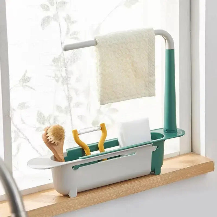 Ingénieux support télescopique pour évier, organisateur 2-en-1, barre à torchon intégrée, design ventilé, installation sans perçage, gain de place et séchage rapide. La livraison prioritaire est offerte !