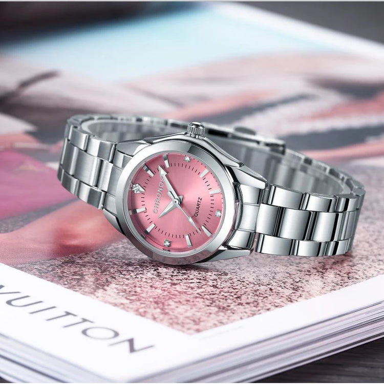 Montre élégante pour femme en acier inoxydable, mouvement quartz, résistante à l’eau. Livraison prioritaire offerte !
