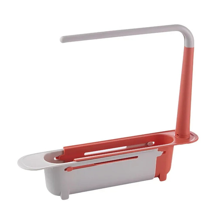 Ingénieux support télescopique pour évier, organisateur 2-en-1, barre à torchon intégrée, design ventilé, installation sans perçage, gain de place et séchage rapide. La livraison prioritaire est offerte !