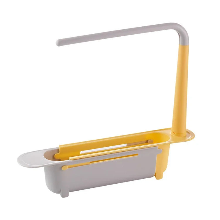 Ingénieux support télescopique pour évier, organisateur 2-en-1, barre à torchon intégrée, design ventilé, installation sans perçage, gain de place et séchage rapide. La livraison prioritaire est offerte !