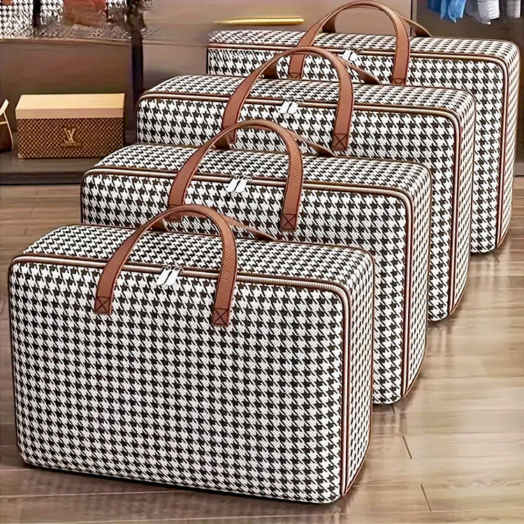 Magnifique sac de rangement grande capacité pour couette, vêtements, oreillers et couvertures, imperméable et anti-poussière, pliable avec poignées renforcées, motif pied-de-poule élégant, disponible en 36L, 60L, 90L, 120L et 150L. Livraison offerte !