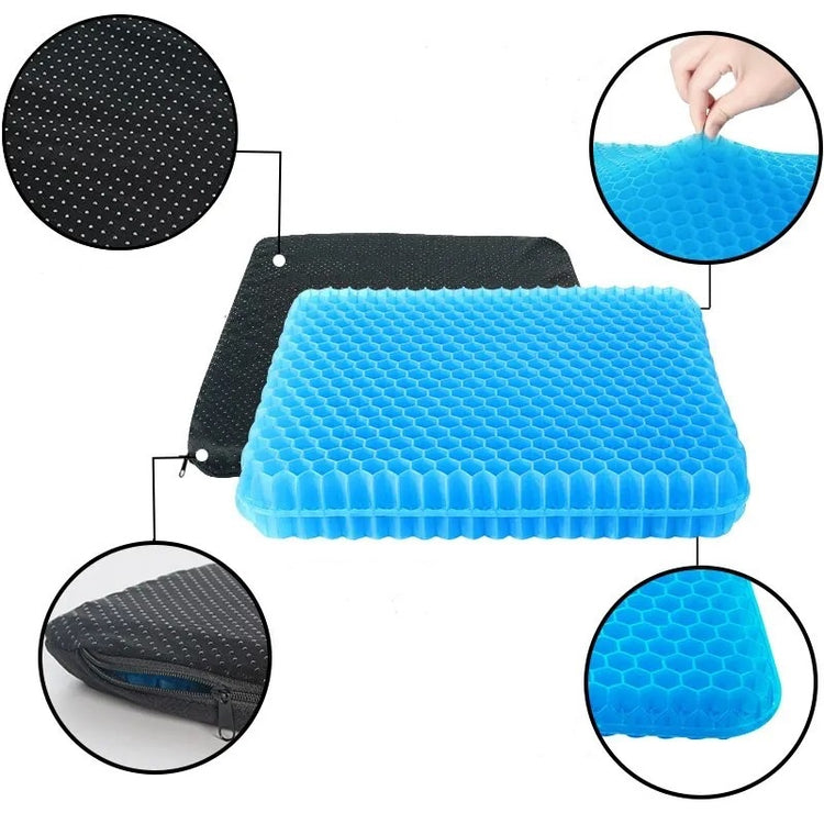 Coussin fraîcheur en gel ultra-confort, anti-pression pour soulager douleurs sciatiques, fessiers et lombaires, avec design respirant en nid d'abeille pour un confort prolongé et une meilleure posture. Housse incluse. La livraison est offerte!