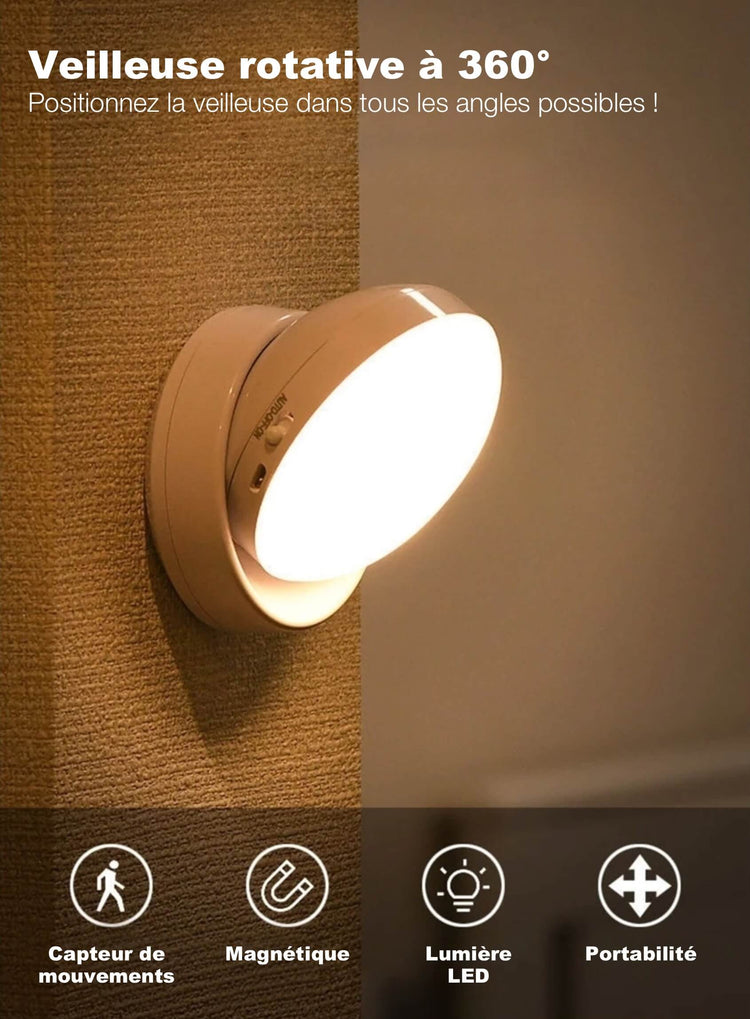 Ingénieuse veilleuse automatique, blanc chaud, rotative à 360°, capteur de mouvement ultra-sensible, détachable, magnétique, 90 jours d'autonomie sur une seule charge, câble USB et adhésif inclus. La livraison est offerte !