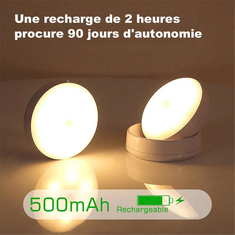 Ingénieuse veilleuse automatique, blanc chaud, rotative à 360°, capteur de mouvement ultra-sensible, détachable, magnétique, 90 jours d'autonomie sur une seule charge, câble USB et adhésif inclus. La livraison est offerte !