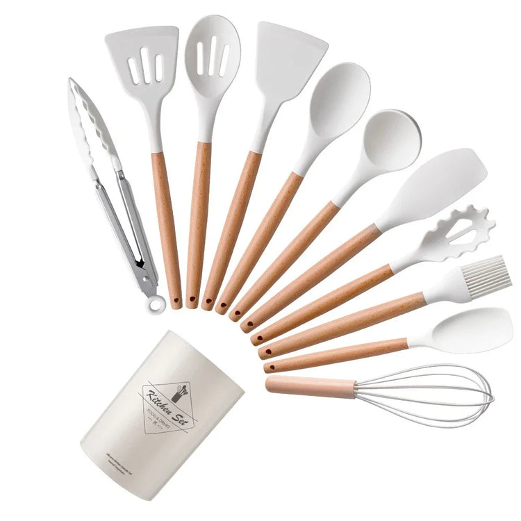 Magnifique ensemble d'ustensiles de cuisine en silicone sans BPA, résistants à la chaleur, anti-rayures avec manche en bois et bac de rangement, idéal pour cuisiner en toute sérénité. 12 pièces, produit Premium. La livraison est offerte !