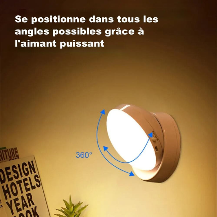 Ingénieuse veilleuse automatique, blanc chaud, rotative à 360°, capteur de mouvement ultra-sensible, détachable, magnétique, 90 jours d'autonomie sur une seule charge, câble USB et adhésif inclus. La livraison est offerte !