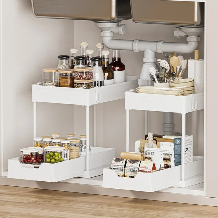 Étagère sous évier à 2 étages avec 4 crochets et 1 pot suspendu, grand espace de stockage, bord de 5 cm de hauteur pour empêcher les objets de tomber, tiroir amovible, facile à installer, déplacer et démonter. La livraison prioritaire est offerte !