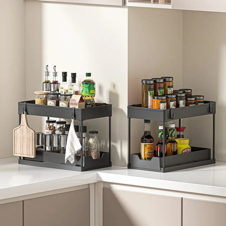 Étagère sous évier à 2 étages avec 4 crochets et 1 pot suspendu, grand espace de stockage, bord de 5 cm de hauteur pour empêcher les objets de tomber, tiroir amovible, facile à installer, déplacer et démonter. La livraison prioritaire est offerte !