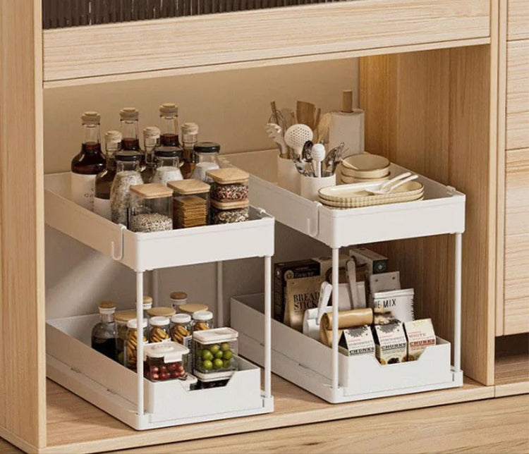 Étagère sous évier à 2 étages avec 4 crochets et 1 pot suspendu, grand espace de stockage, bord de 5 cm de hauteur pour empêcher les objets de tomber, tiroir amovible, facile à installer, déplacer et démonter. La livraison prioritaire est offerte !