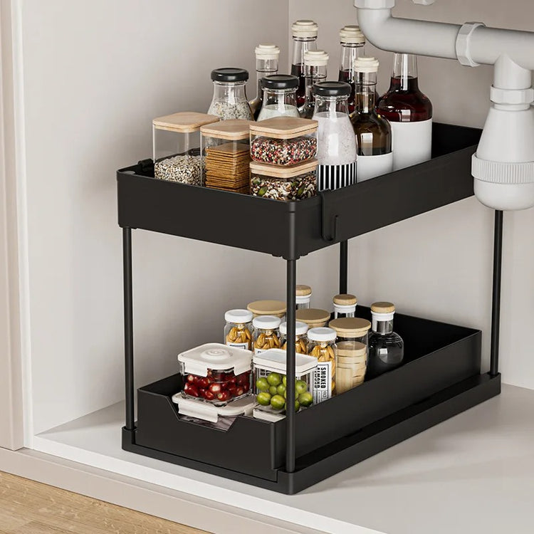 Étagère sous évier à 2 étages avec 4 crochets et 1 pot suspendu, grand espace de stockage, bord de 5 cm de hauteur pour empêcher les objets de tomber, tiroir amovible, facile à installer, déplacer et démonter. La livraison prioritaire est offerte !