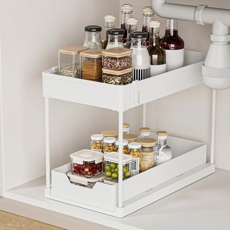 Étagère sous évier à 2 étages avec 4 crochets et 1 pot suspendu, grand espace de stockage, bord de 5 cm de hauteur pour empêcher les objets de tomber, tiroir amovible, facile à installer, déplacer et démonter. La livraison prioritaire est offerte !