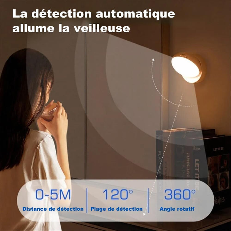 Ingénieuse veilleuse automatique, blanc chaud, rotative à 360°, capteur de mouvement ultra-sensible, détachable, magnétique, 90 jours d'autonomie sur une seule charge, câble USB et adhésif inclus. La livraison est offerte !