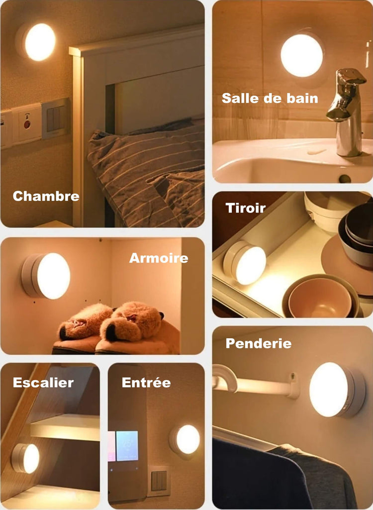 Ingénieuse veilleuse automatique, blanc chaud, rotative à 360°, capteur de mouvement ultra-sensible, détachable, magnétique, 90 jours d'autonomie sur une seule charge, câble USB et adhésif inclus. La livraison est offerte !
