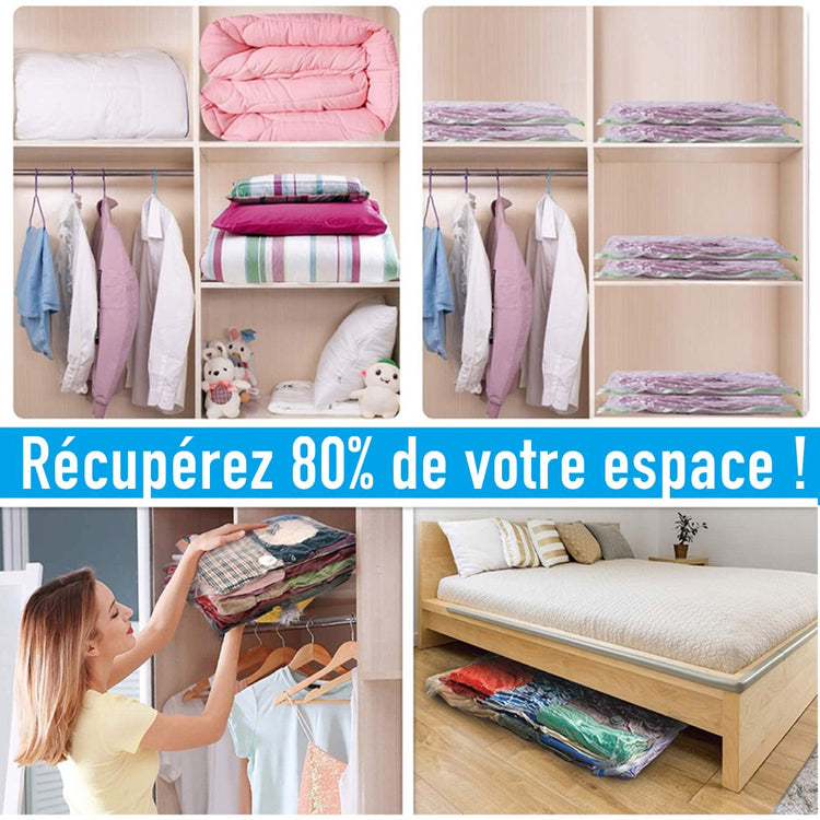 5 sacs plats de rangement sous vide, première qualité, épaissis et résistants, permet de récupérer 80% d'espace, compatibles avec aspirateur, pompe incluse, protège contre l'humidité, la moisissure, les odeurs, etc. Livraison prioritaire offerte !