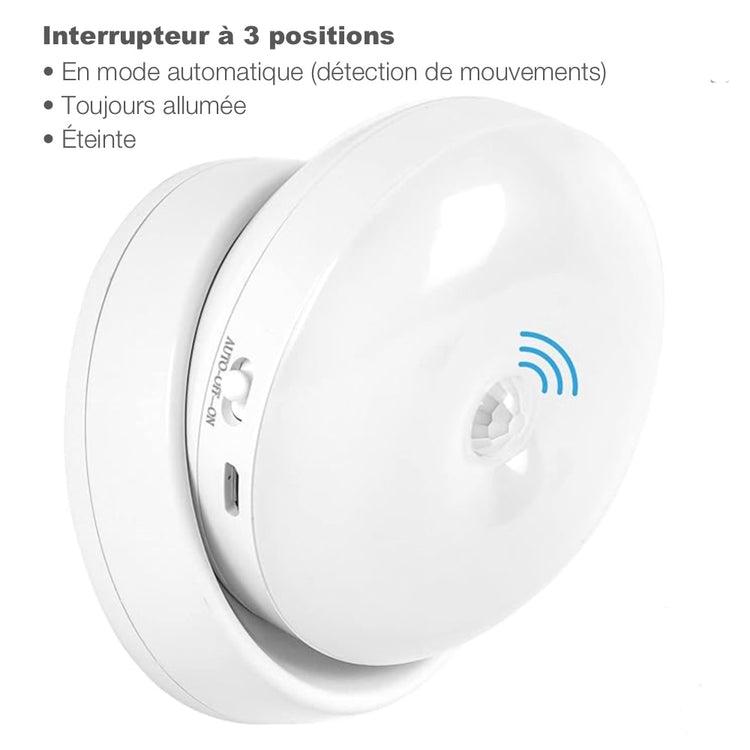 Ingénieuse veilleuse automatique, blanc chaud, rotative à 360°, capteur de mouvement ultra-sensible, détachable, magnétique, 90 jours d'autonomie sur une seule charge, câble USB et adhésif inclus. La livraison est offerte !