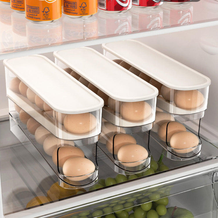 Ingénieuse boîte de rangement à œufs pour réfrigérateur, distributeur automatique, support empilable gain de place, organisation sécurisée, récupération facile, compatible porte et tablette du frigo. Livraison offerte !