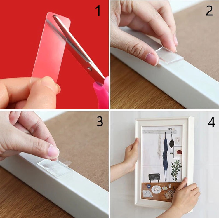 Languettes adhésives, première qualité, double face, extra fortes, très résistantes, lavables, réutilisables, amovibles et sans traces.
