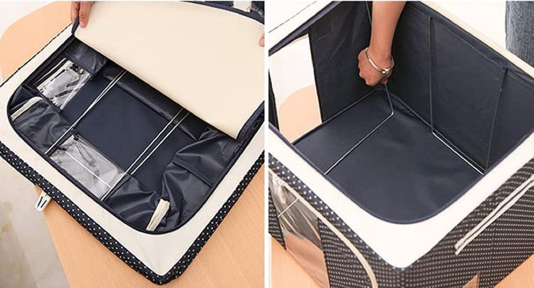 Superbe boîte de rangement de 24L en tissu Oxford avec armature intérieure en acier, double porte d'accès, fenêtre transparente et fermeture à glissière robuste.