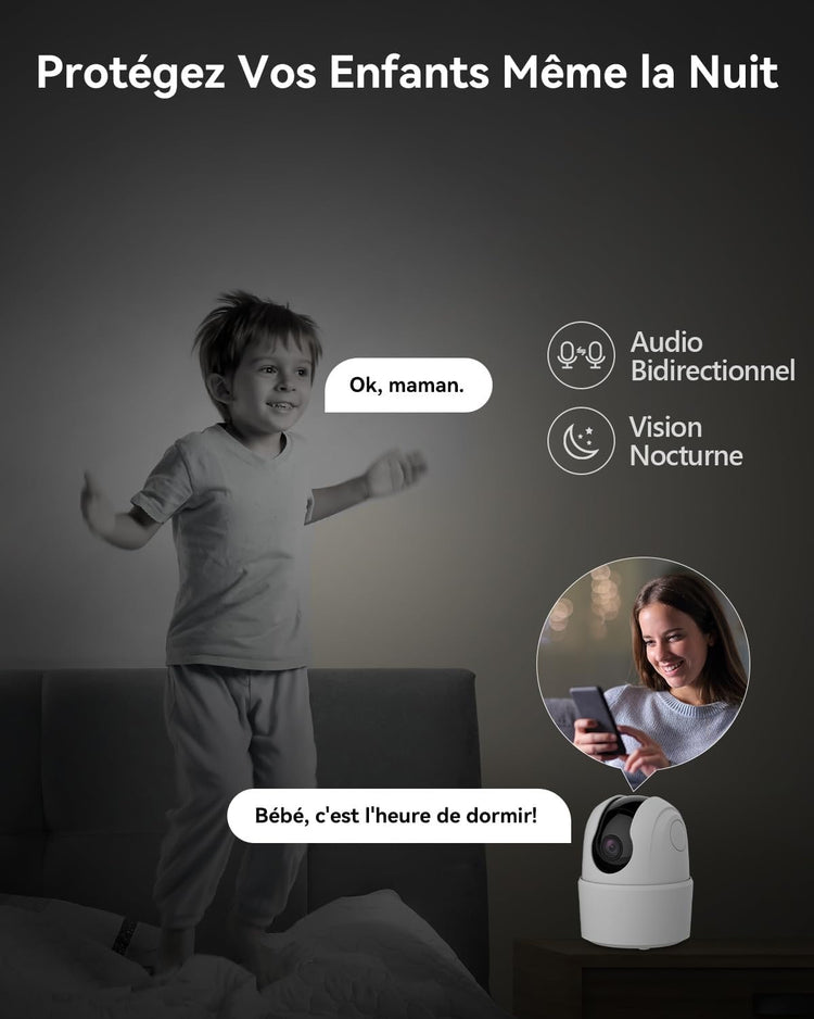 Caméra de surveillance WiFi 360° Ultra HD avec suivi intelligent et détection AI - audio bidirectionnel, sirène, et vision nocturne pour bébé/animaux