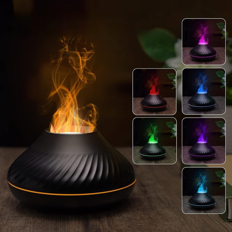 Superbe diffuseur d'arômes et humidificateur silencieux, effet flamme réaliste, 7 couleurs LED, compatible huiles essentielles, arrêt automatique sécurisé, 130ml, pour détente et bien-être. La livraison est offerte !