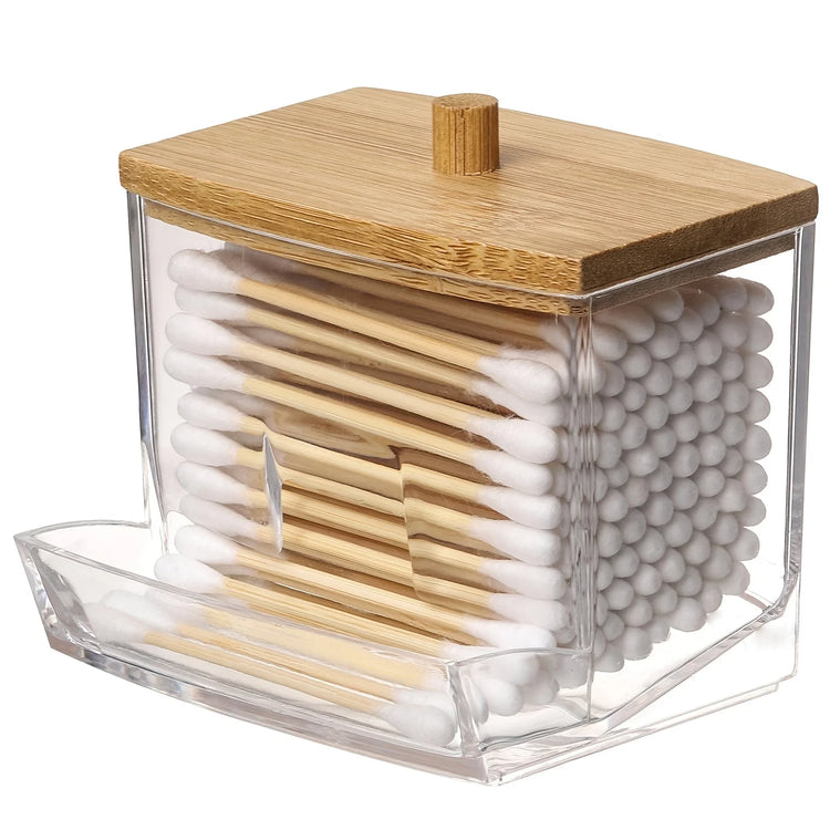 Distributeur en acrylique transparent avec couvercle en bambou, pour coton-tiges, boules de coton, disques démaquillants, compact, élégant, résistant aux chocs, pour une organisation impeccable et hygiénique. La livraison prioritaire est offerte !