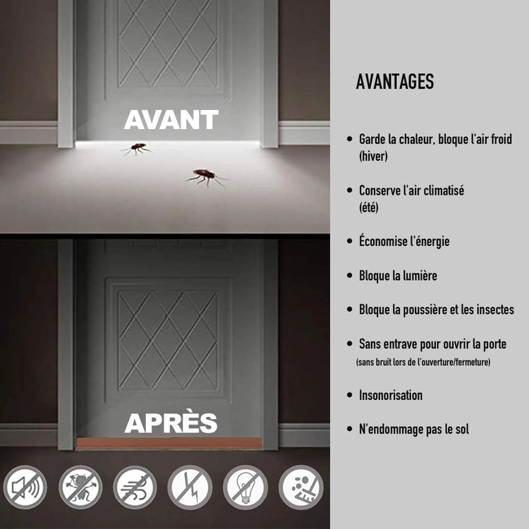 Bas de porte adhésif avec brosse 1M X 40mm : protection contre vents, bruits, moustiques, insectes, cafards, économie d'énergie et anti-humidité, idéal pour portes intérieures et extérieures. La livraison est offerte !