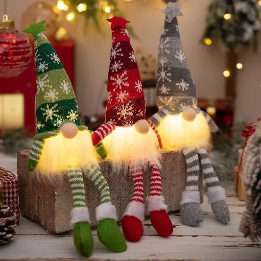 Lot de 3 nains de Noël lumineux en peluche – décorations artisanales à longues jambes, LED intégrée pour ambiance chaleureuse, symboles porte-bonheur – parfaits pour table, cheminée, étagère, intérieur festif. Livraison offerte !