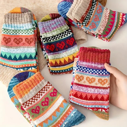 Magnifiques chaussettes automne-hiver pour femme, style nordique rétro, épaisses, thermiques et chaudes. Lot de 5 paires, taille unique 34-42. Livraison offerte !