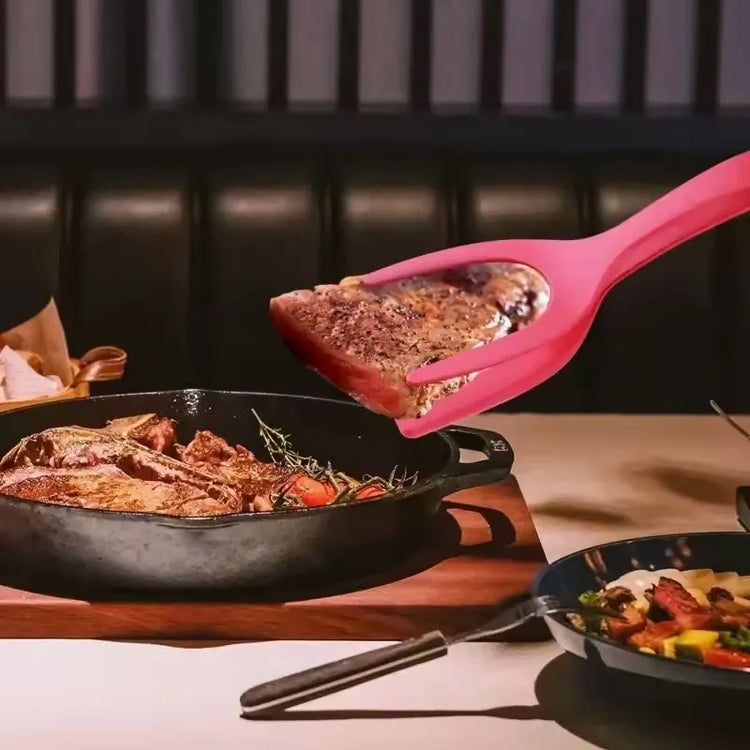 Ingénieuse pince-spatule de cuisine 2 en 1 en nylon résistant à la chaleur 220°C, ustensile multifonction pour œufs, crêpes, steaks, fritures, grillades et poêles antiadhésives. Livraison offerte !