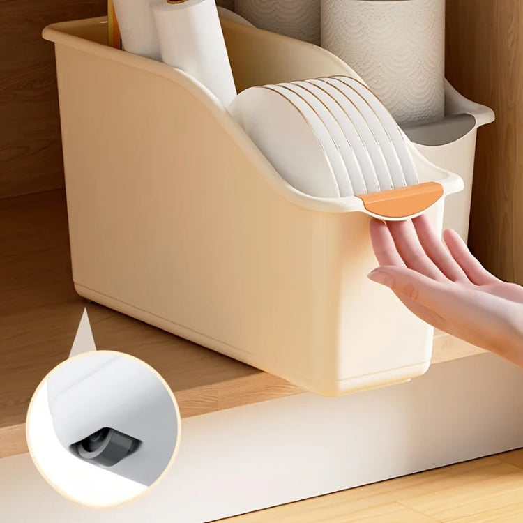 Lot de 2 bacs de rangement incurvés avec poignée intégrée et roulettes – Solution polyvalente pour organiser les produits ménagers dans la cuisine, la salle de bain, les placards, les armoires, l’atelier, etc.  Livraison offerte !