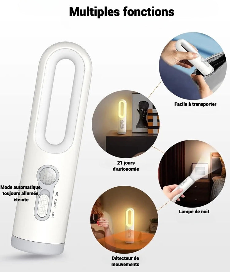 Ingénieuse lampe de nuit Premium à multiples fonctions, rechargeable avec détecteur de mouvement 2-en-1, pour chambre, salle de bain, toilettes, lecture, camping (blanc chaud, 1 pack). La livraison prioritaire est offerte !