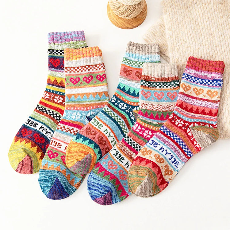 Magnifiques chaussettes automne-hiver pour femme, style nordique rétro, épaisses, thermiques et chaudes. Lot de 5 paires, taille unique 34-42. Livraison offerte !