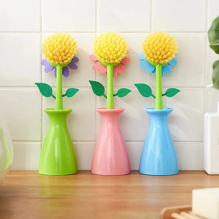 Magnifique brosse à vaisselle en forme de fleur avec long manche – Brosse de nettoyage créative et décorative pour vaisselle, casseroles et bols – Design printanier coloré avec support en forme de vase. La livraison prioritaire est offerte!