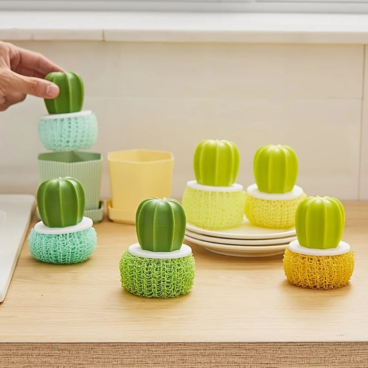 Household Kitchen Cleaning Brush Cactus Dishwashing Brush Pot Wash Pot Brush with Handle Nano Cleaning Ball