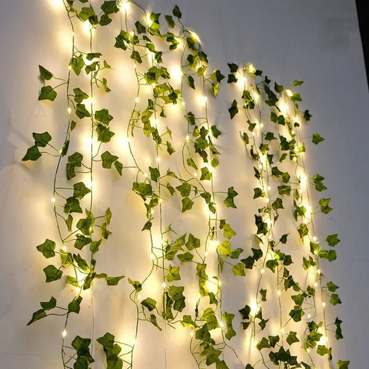 Magnifique guirlande lumineuse à feuilles vertes, 4 types de feuillage (lierre, dill, pastèque), avec ampoules LED et alimentation à piles, pour décoration intérieure, murale, balcon, jardin, etc. Livraison prioritaire offerte !