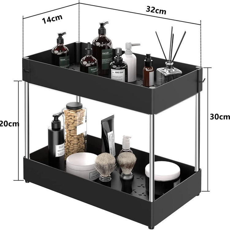 Étagère sous évier à 2 étages : rangement multi-usages, structure robuste et durable en acier, économise l'espace, installation et nettoyage faciles, avec 4 crochets pour plus d'espace de suspension. La livraison prioritaire est offerte !