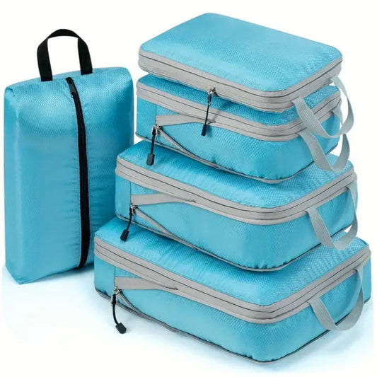 Stylé et pratique ensemble de sacs de rangement compressibles pour valise – Organisateurs pliables avec fermeture éclair pour vêtements, chaussures et accessoires de voyage, bleu azur. La livraison prioritaire est offerte !