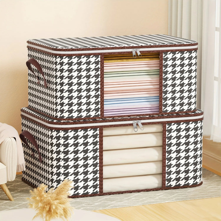 Superbe housse de rangement en coton motif pied-de-poule avec fenêtre transparente, poignées renforcées et fermeture éclair robuste pour vêtements et literie. La livraison est offerte !