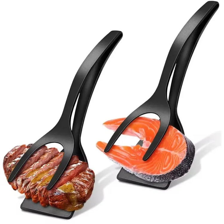 Ingénieuse pince-spatule de cuisine 2 en 1 en nylon résistant à la chaleur 220°C, ustensile multifonction pour œufs, crêpes, steaks, fritures, grillades et poêles antiadhésives. Livraison offerte !