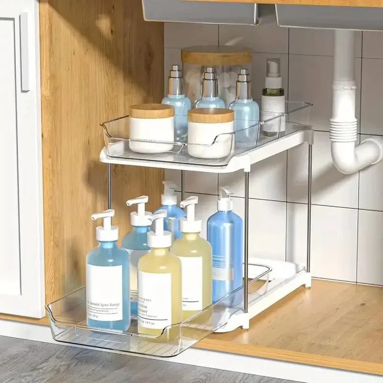 Organisateur sous évier transparent à 2 niveaux avec tiroir coulissant – design élégant, structure inox, grande capacité jusqu’à 8 kg pour rangement cuisine et salle de bain – accès facile, antidérapant et durable. Livraison offerte !